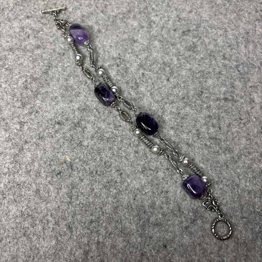 Amethyst Gemstone Double Strand Bracelet Silver Toned Toggle Clasp 7.25